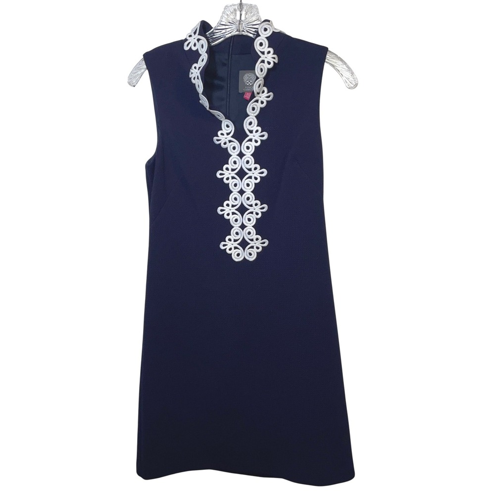 Vince Camuto Shift Dress Women 2 Navy Blue Soutache Embroidery Preppy Coastal